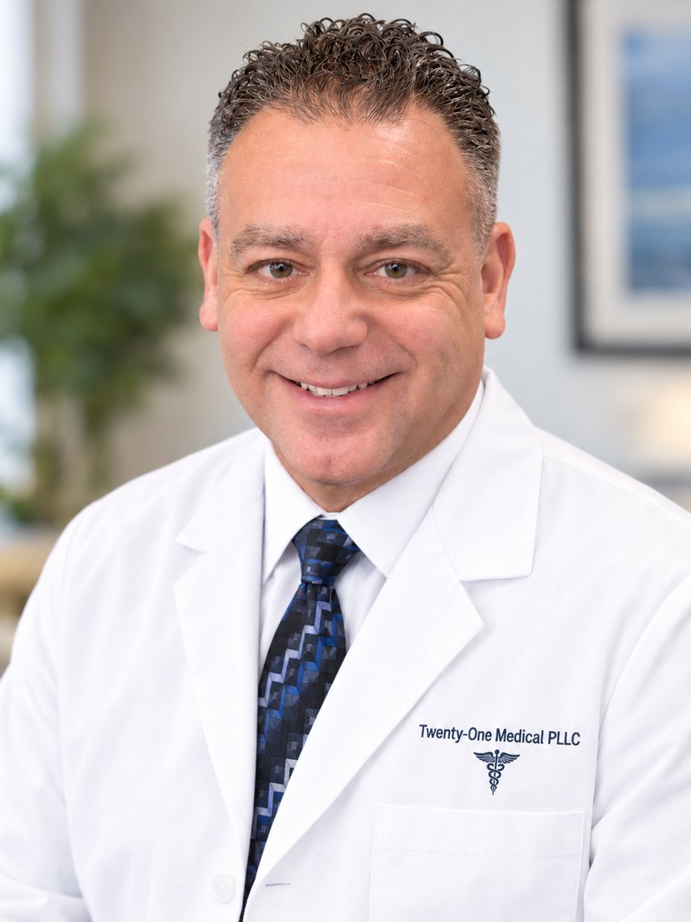 Shawn O'Keefe, PA-C, founder of Twenty-One Medical, in a white coat
